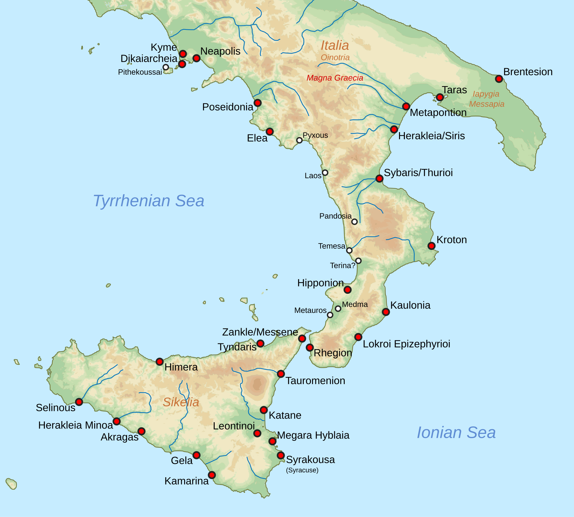 古代の南イタリアとシチリアのギリシャ植民都市の地図。シバリスとクロトンの位置