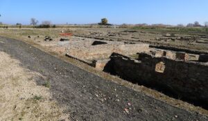 シバリス考古学公園の発掘区。東西の道路に沿って並ぶローマ時代の建物跡