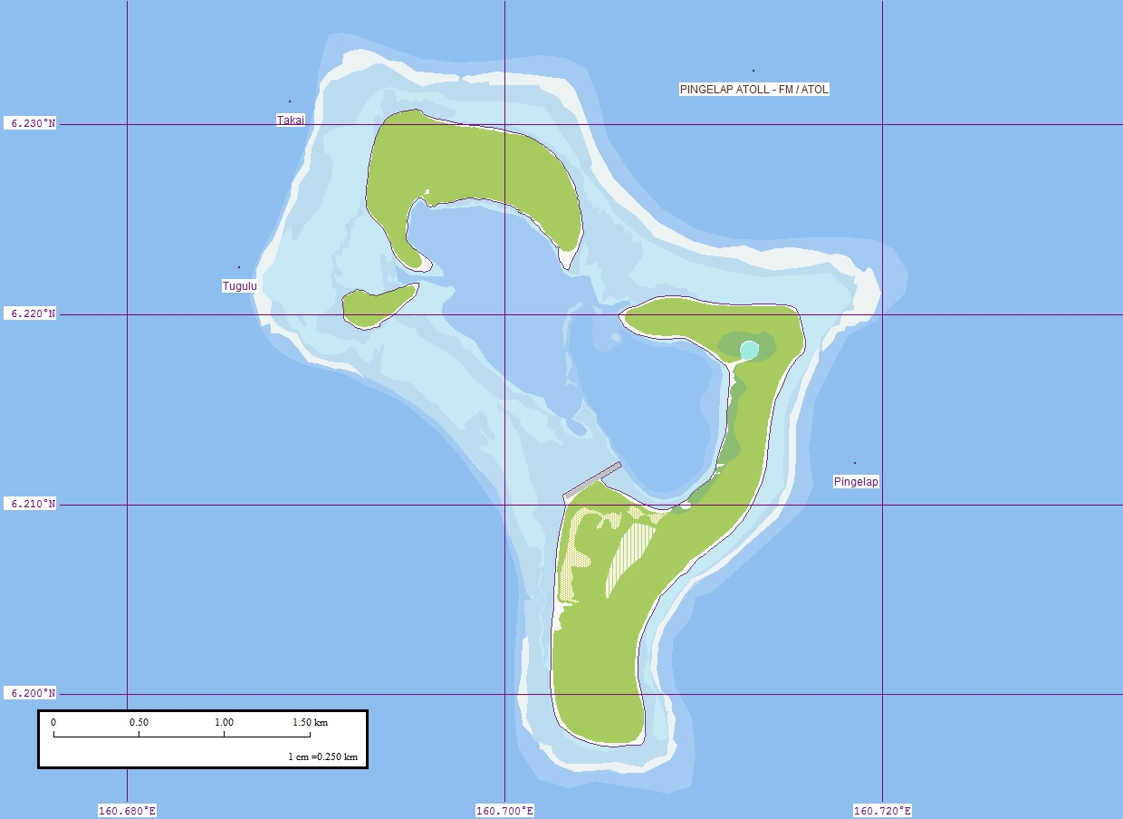 ピンゲラップ環礁の3つの島と礁を示す地図