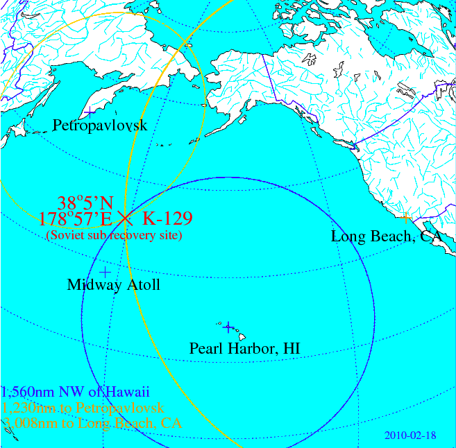 K-129の沈没・回収地点を示す北太平洋の地図
