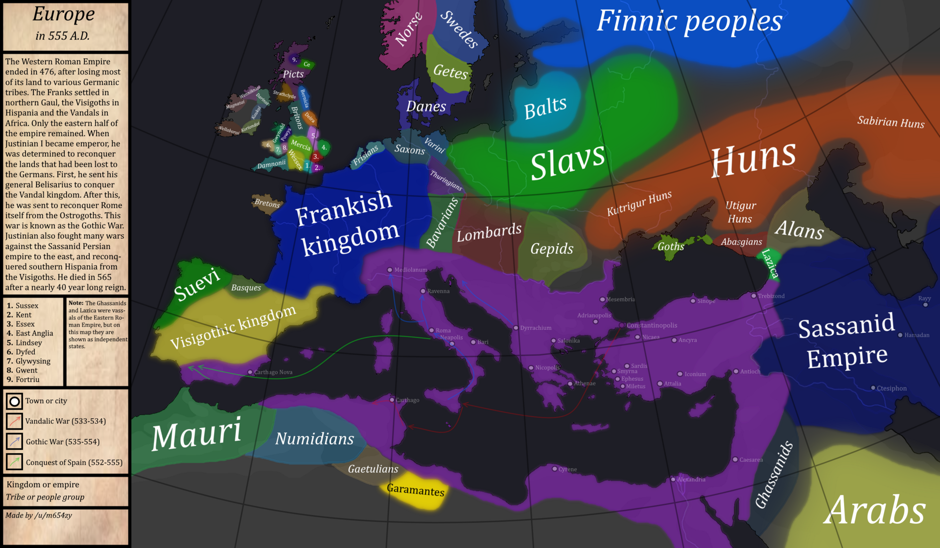 555年ごろのヨーロッパと地中海の勢力図。東ローマ帝国が紫で示されている