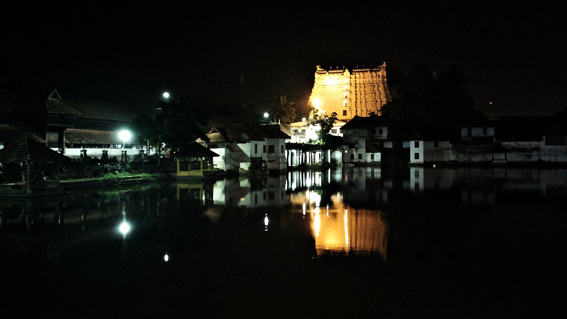 夜の池に映るパドマナーバスワーミ寺院の塔門