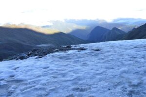 雪と氷に覆われたループクンド湖と周りの山々