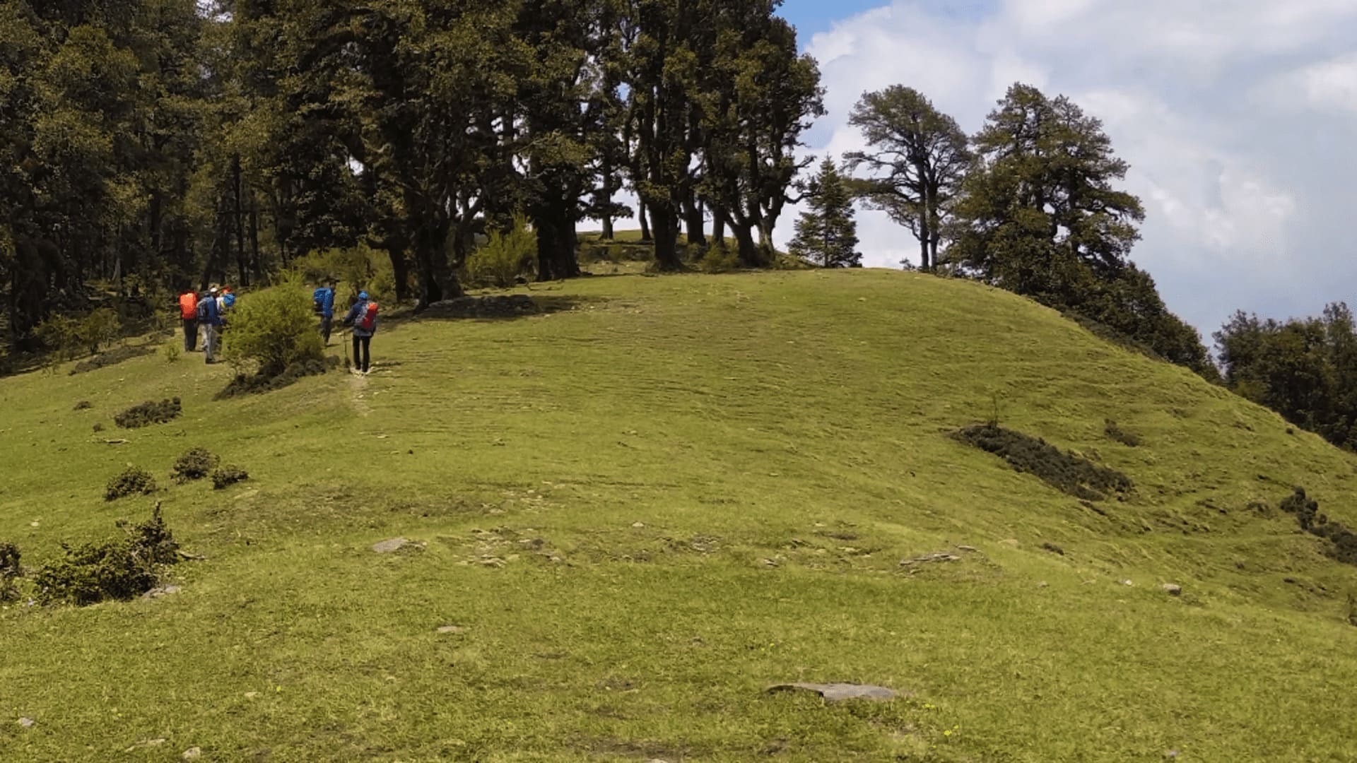 ループクンドへの道の草地を歩く登山者たち