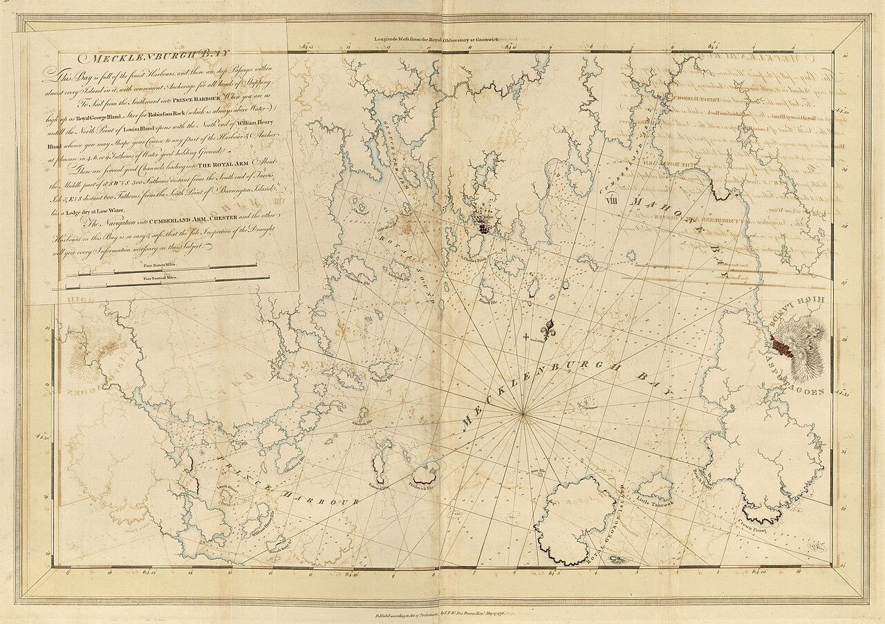 1779年の英国海軍の海図『アトランティック・ネプチューン』に描かれたマホーン湾。オーク・アイランドはこの湾に浮かぶ。