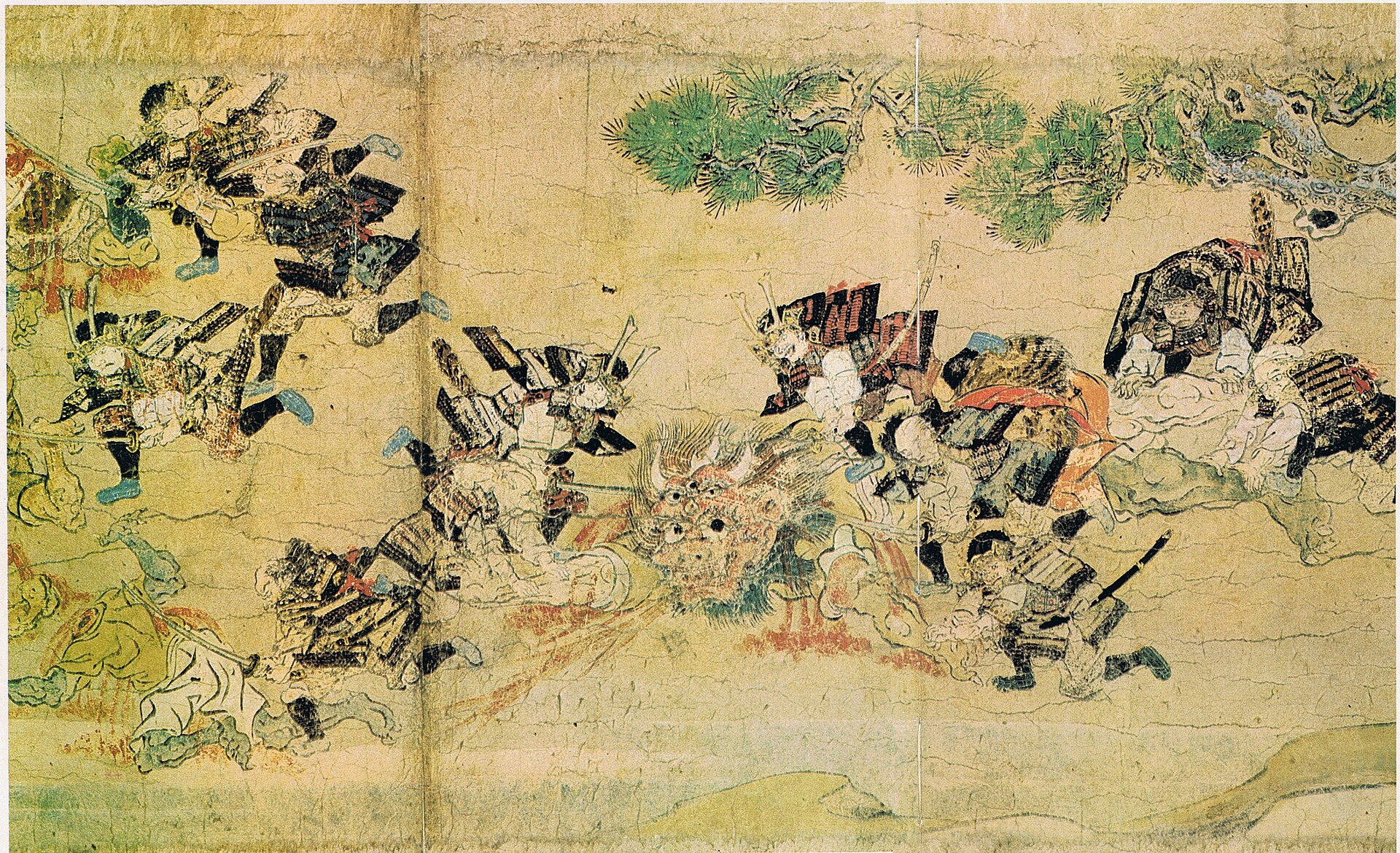『大江山絵詞』の一場面。斬られた鬼の首が武者たちに襲いかかる