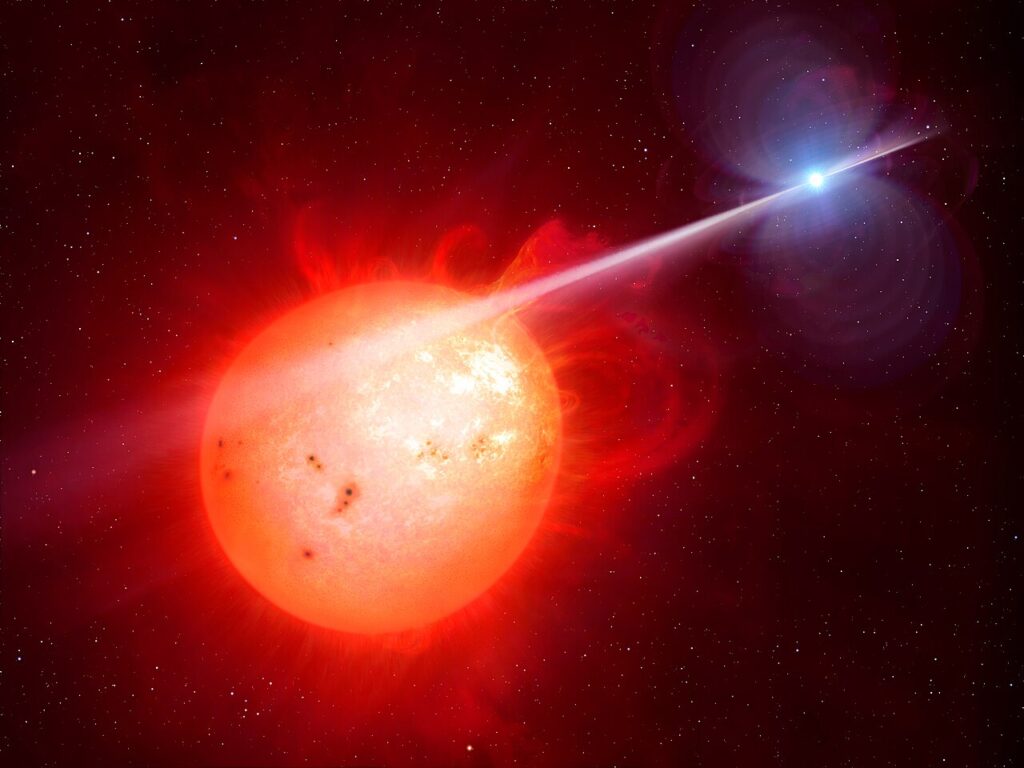 白色矮星と赤色矮星の連星「さそり座AR星」の想像図