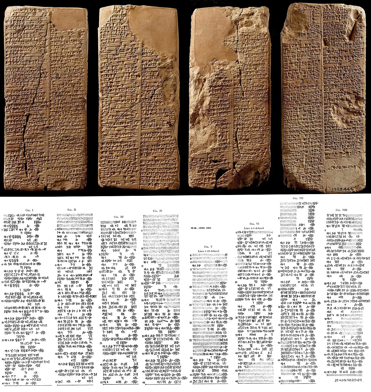 シュメール王名表の角柱と楔形文字の転写を並べた歴史図版