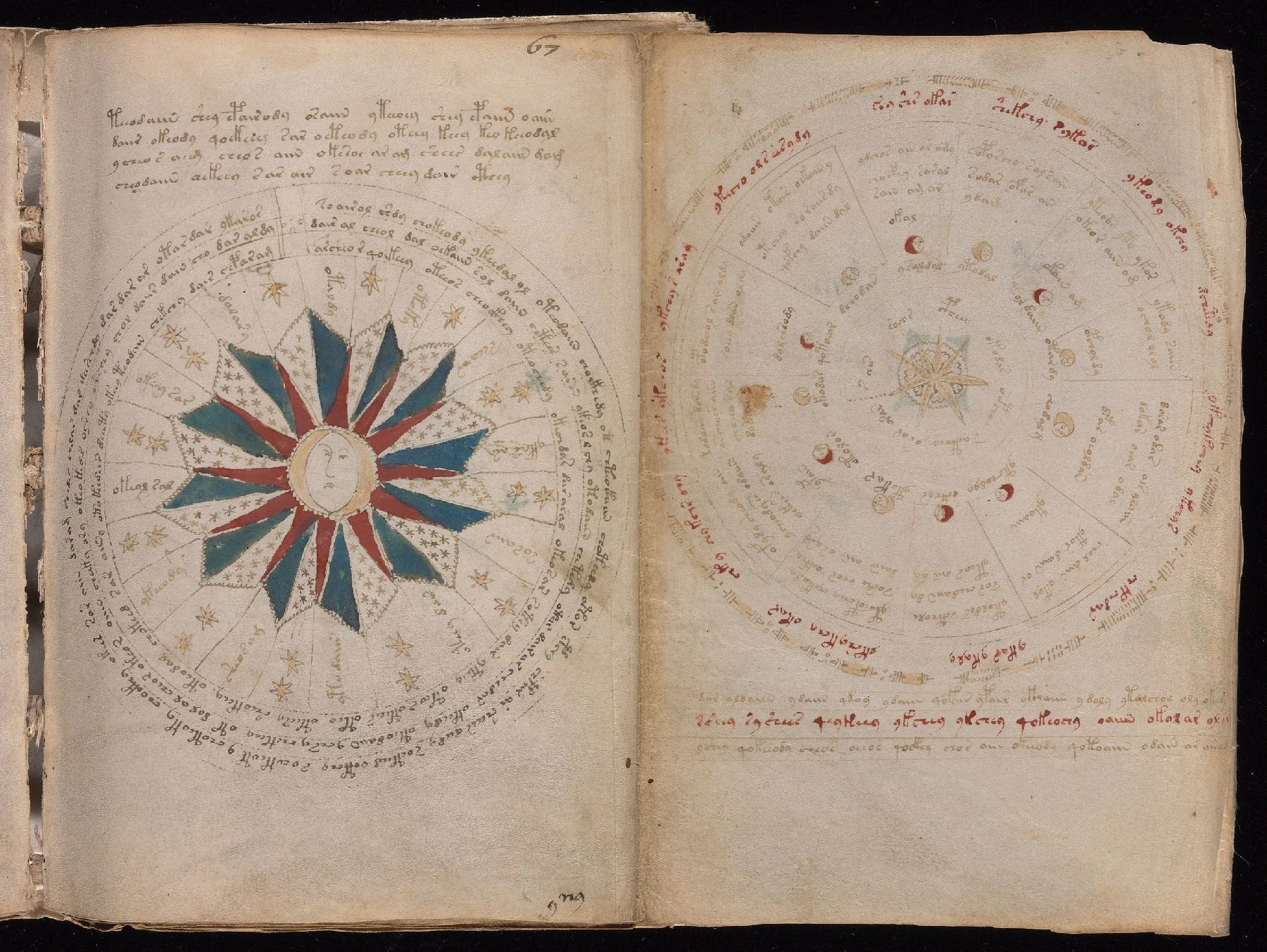 ヴォイニッチ手稿folio 67rの放射状の円形図と未知文字