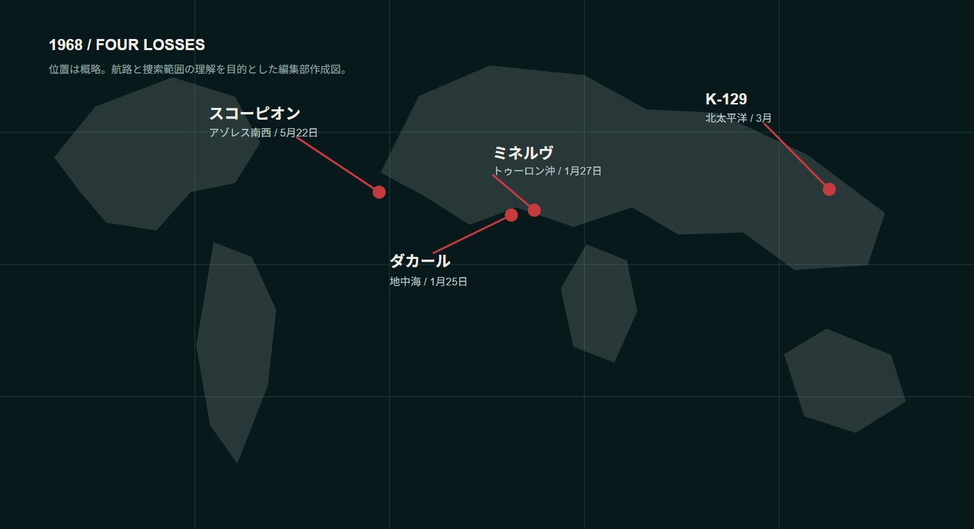 4隻の潜水艦の沈没地点を示す世界地図