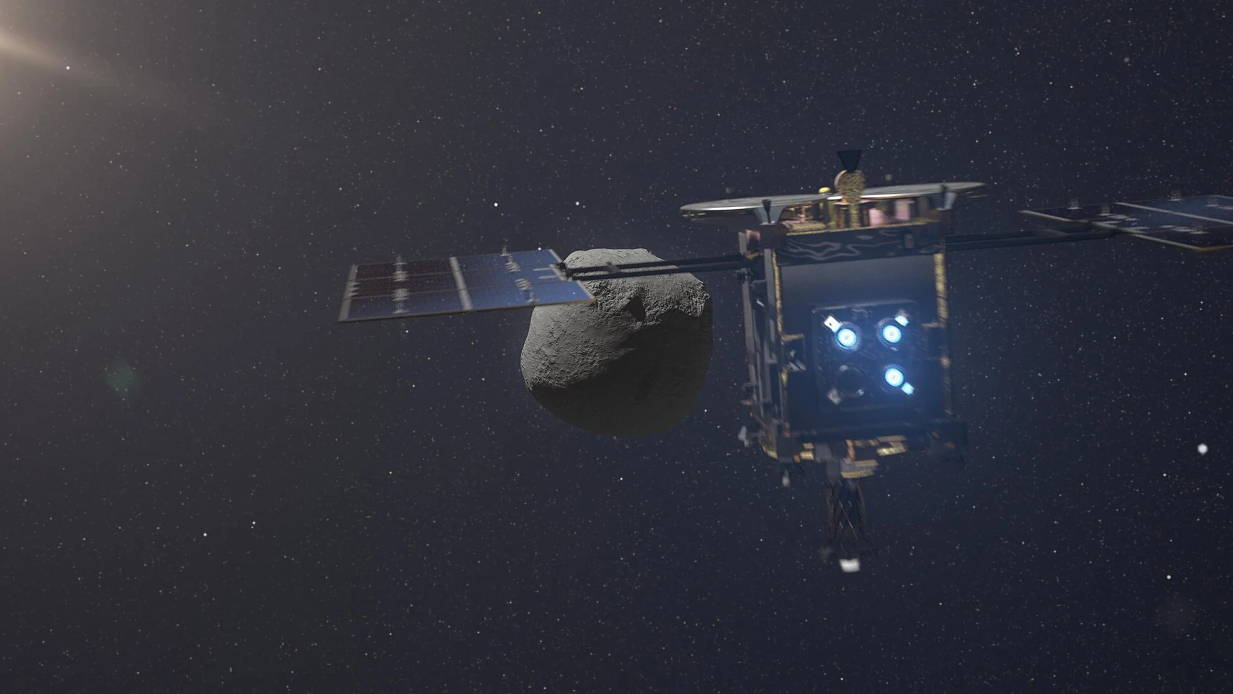 小惑星リュウグウへ接近する探査機はやぶさ2の想像図