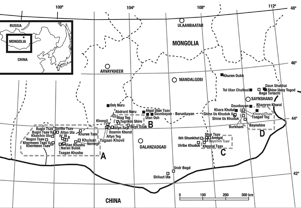 モンゴルの白亜紀恐竜化石産地を示す地図