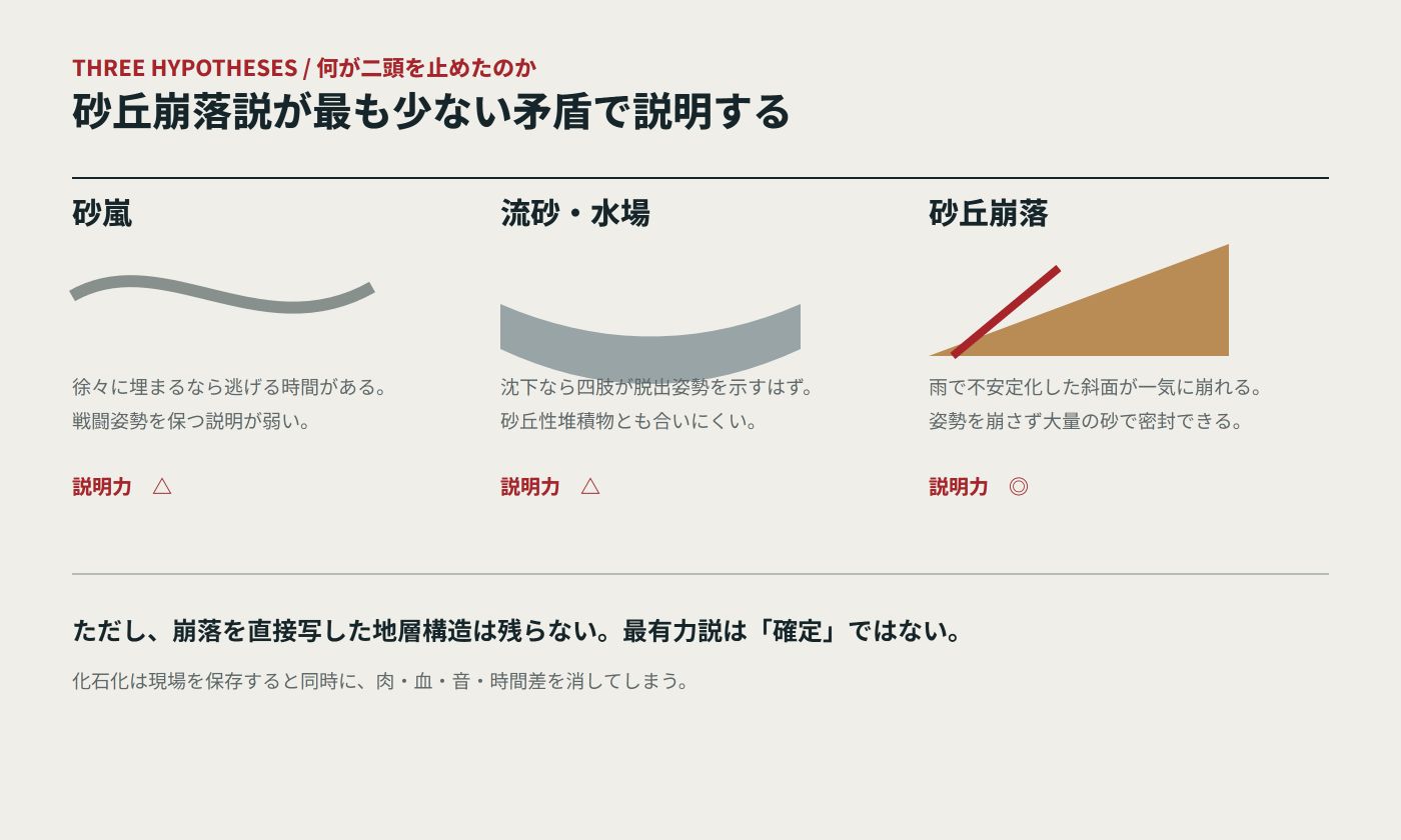 砂嵐、流砂、砂丘崩落の三つの埋没仮説を比較した図