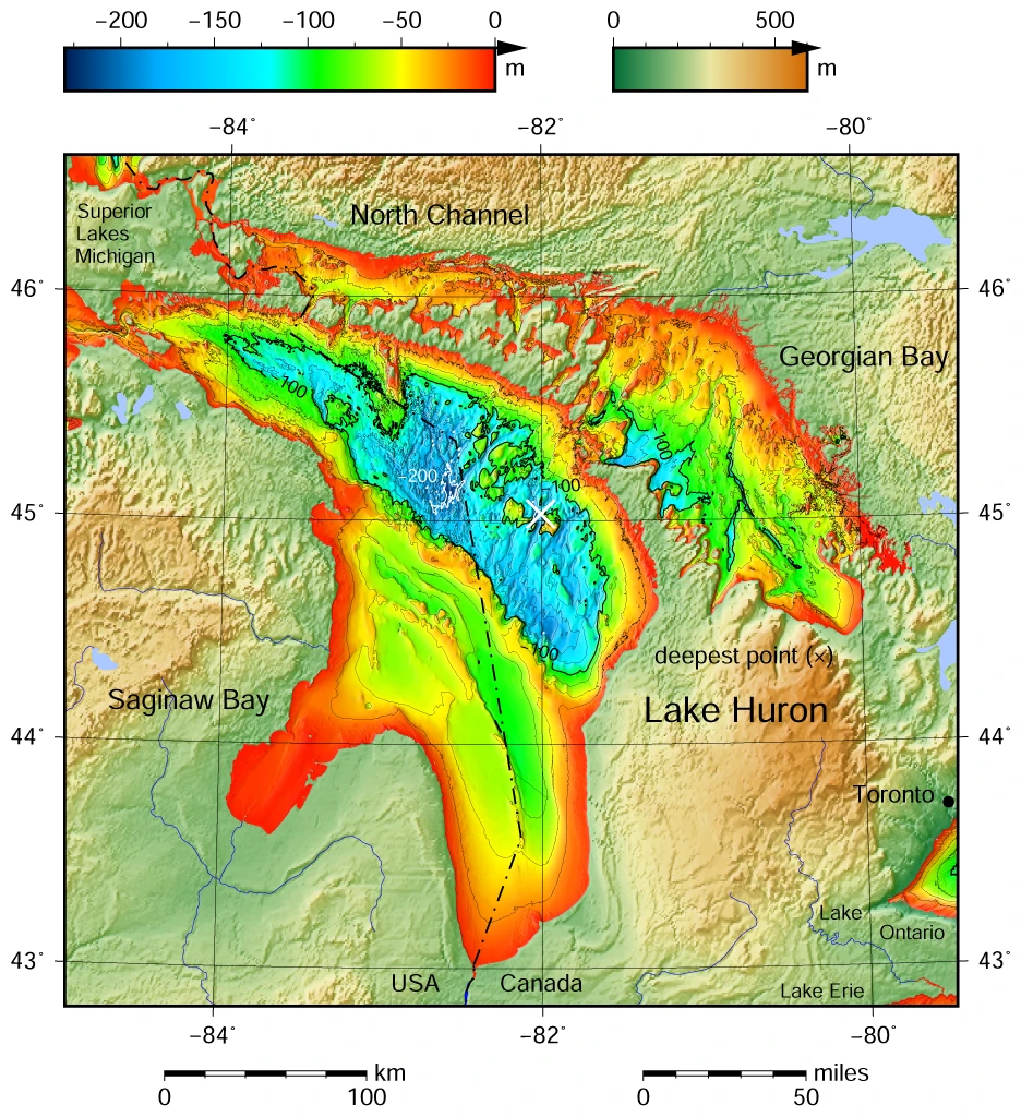 ヒューロン湖の水深地図