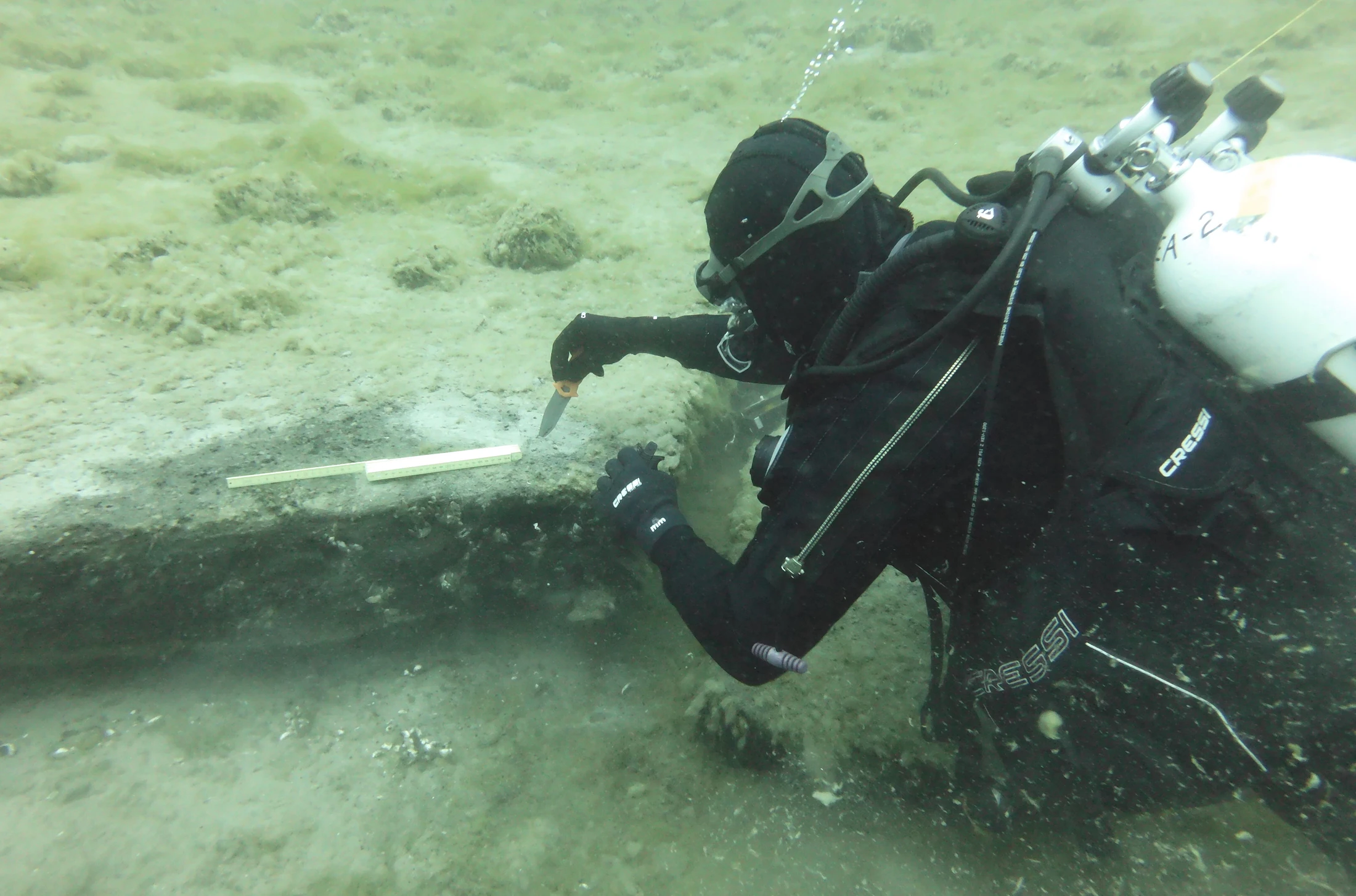 ヒューロン湖の湖底で古代の泥炭層を採取するダイバー