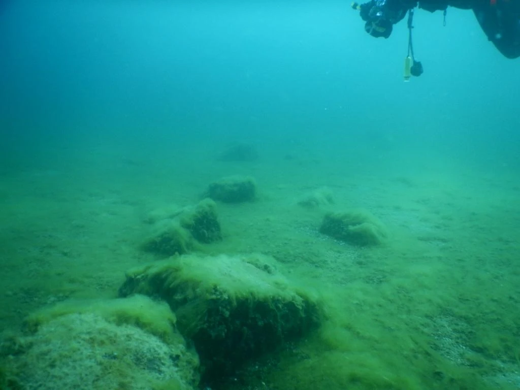 グランド・トラバース湾の長い石列を示すソナー画像