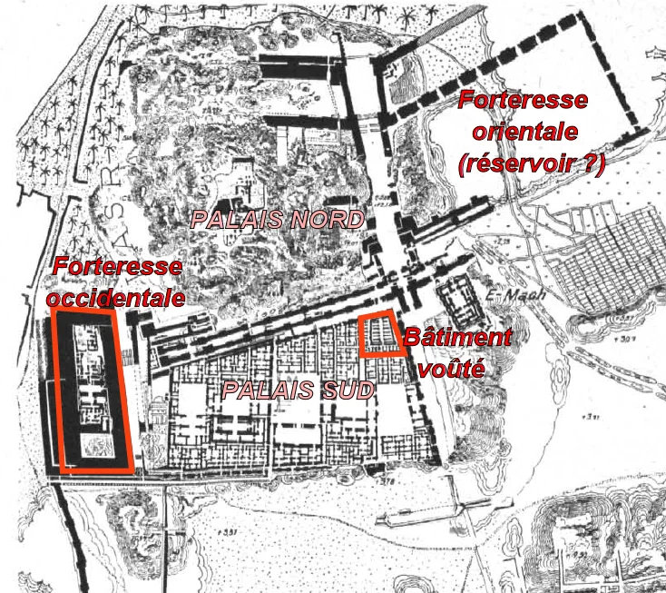 バビロン市内で提案されてきた空中庭園候補地の位置図