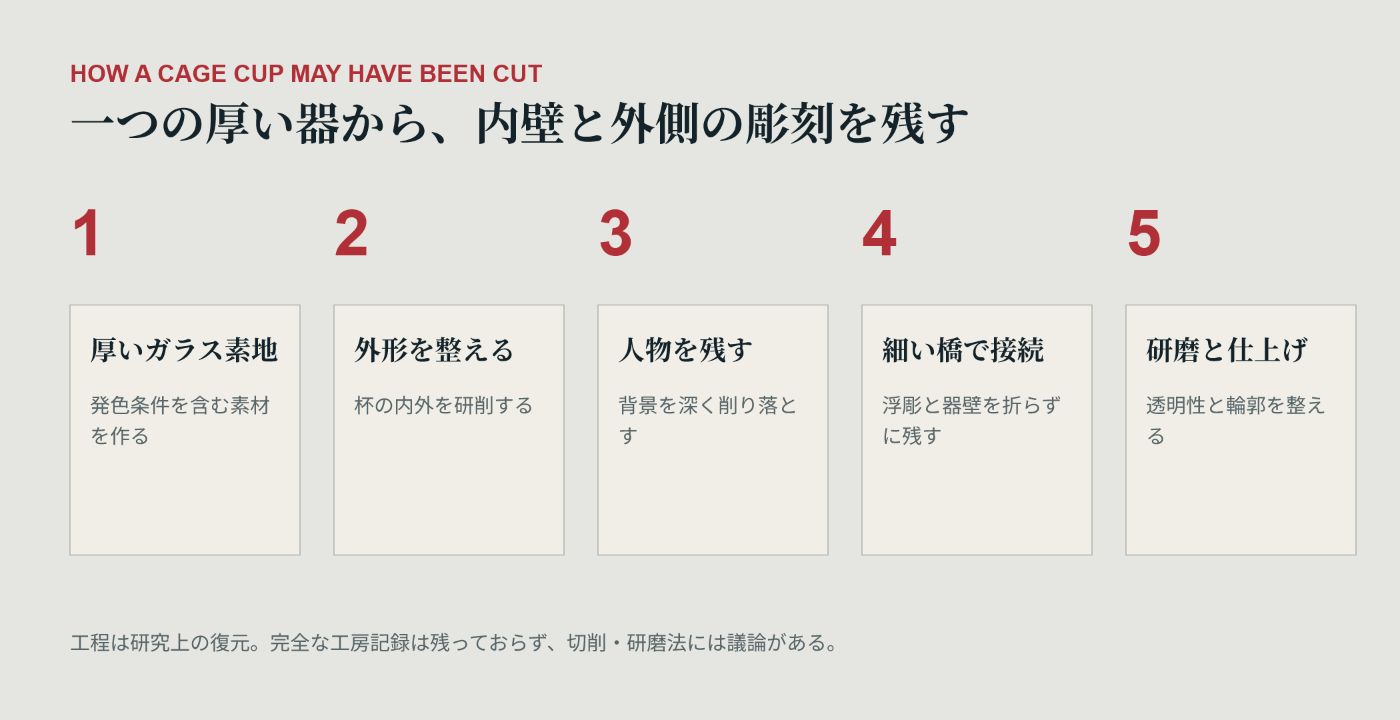 厚いガラス器からケージカップを削り出す推定工程
