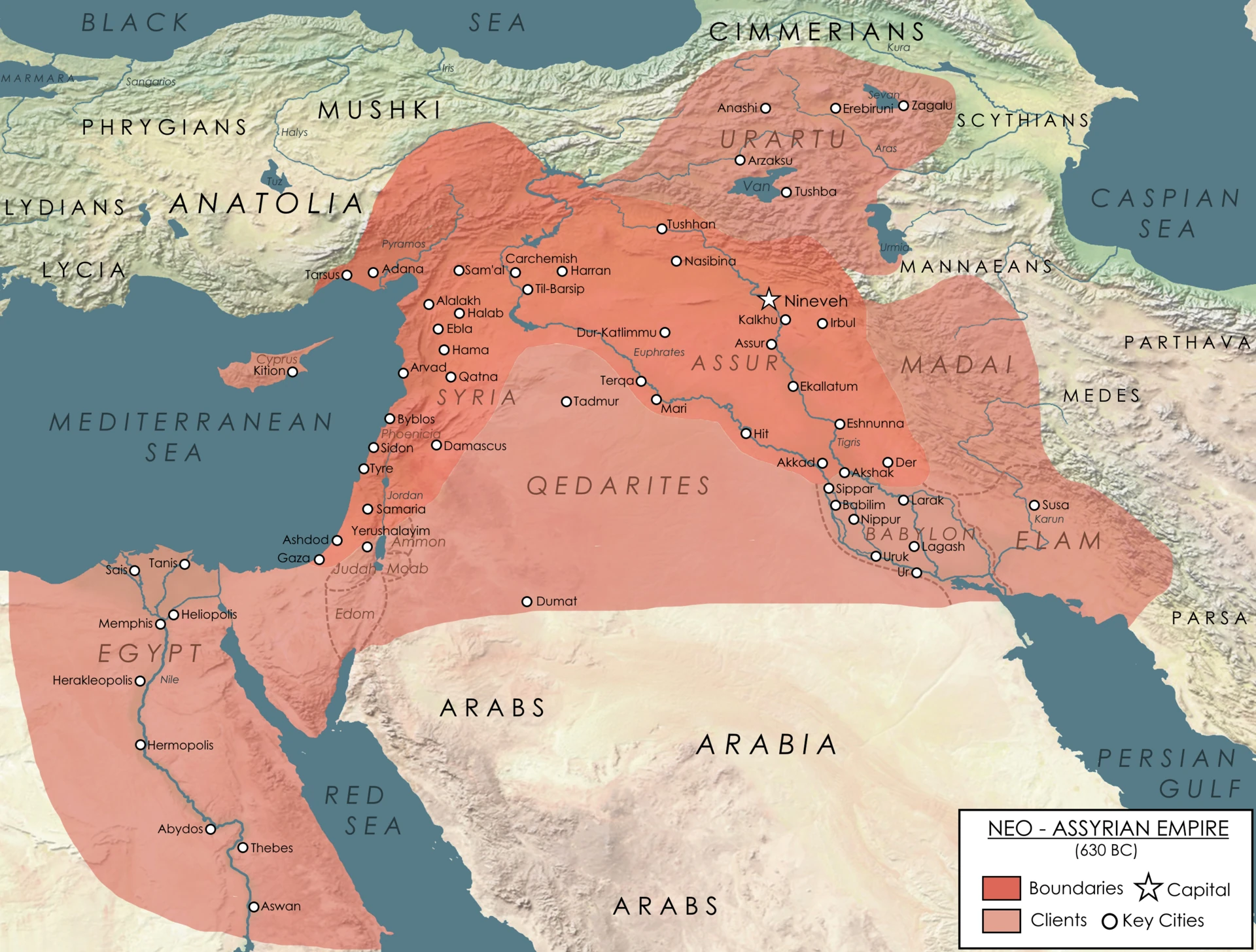 新アッシリア帝国の最大版図を示す地図