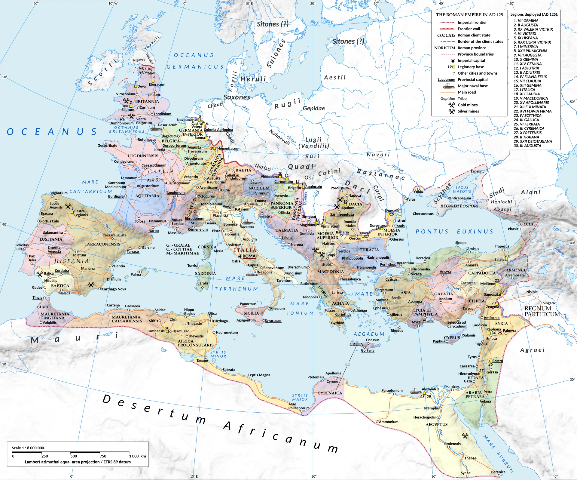 紀元125年のローマ帝国と軍団配置図