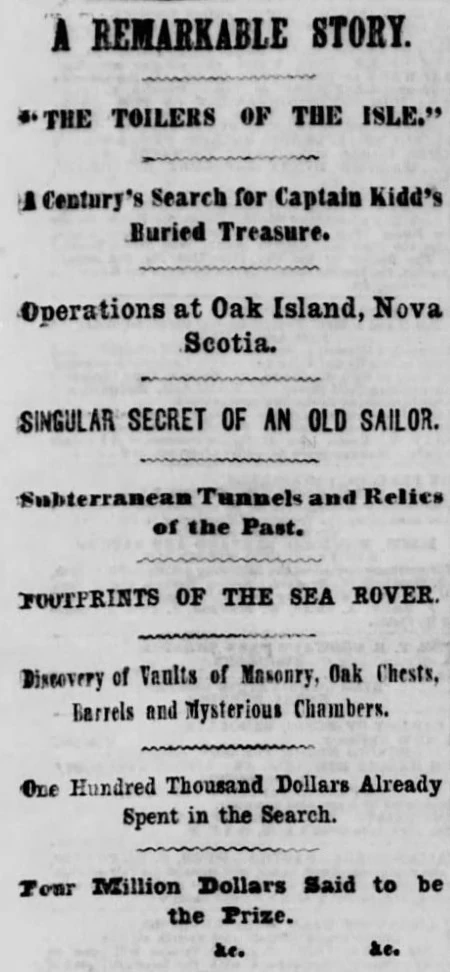 1866年New York Heraldに掲載されたオーク・アイランド記事の見出し