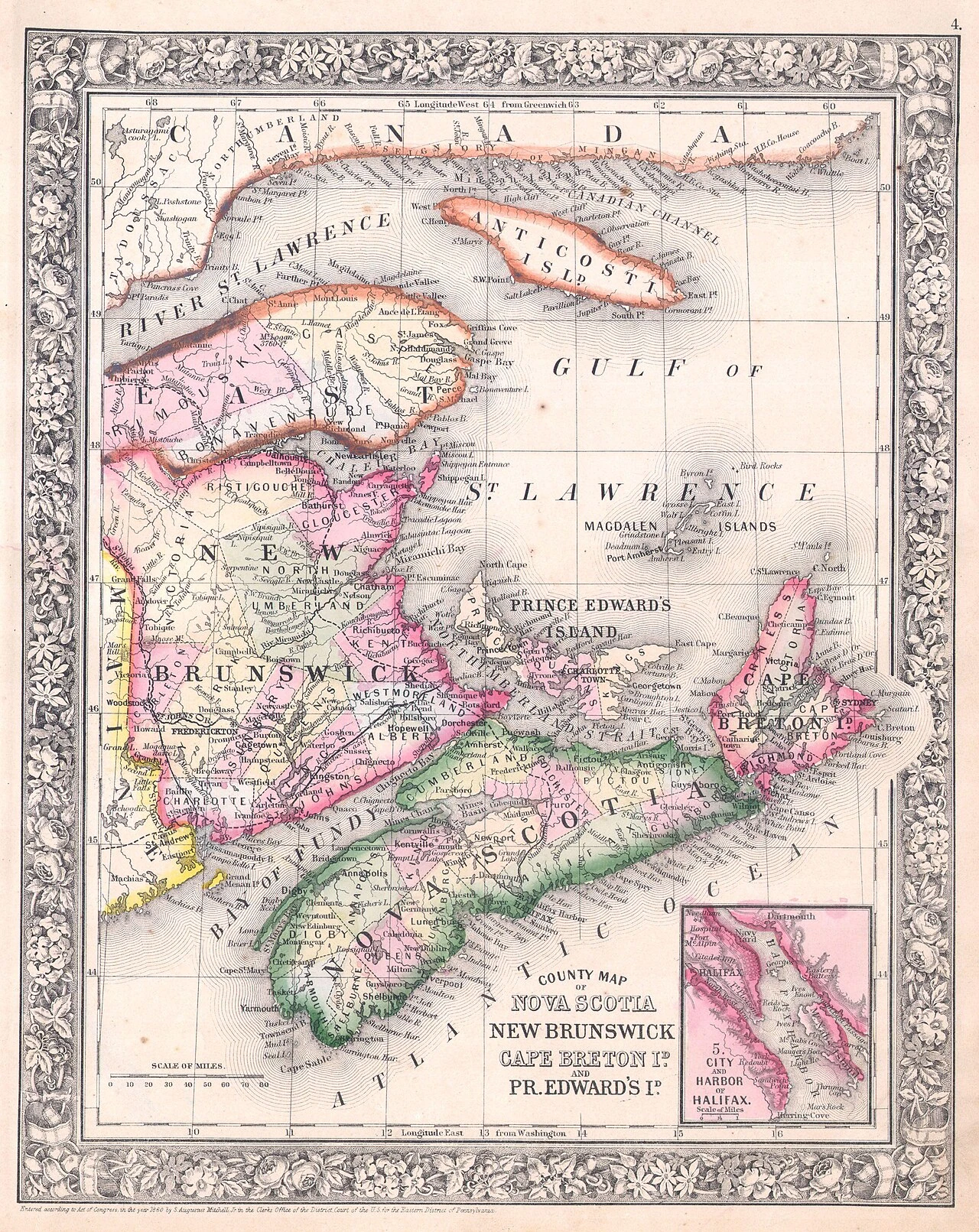 1864年に刊行されたノバスコシアとニューブランズウィックの地図