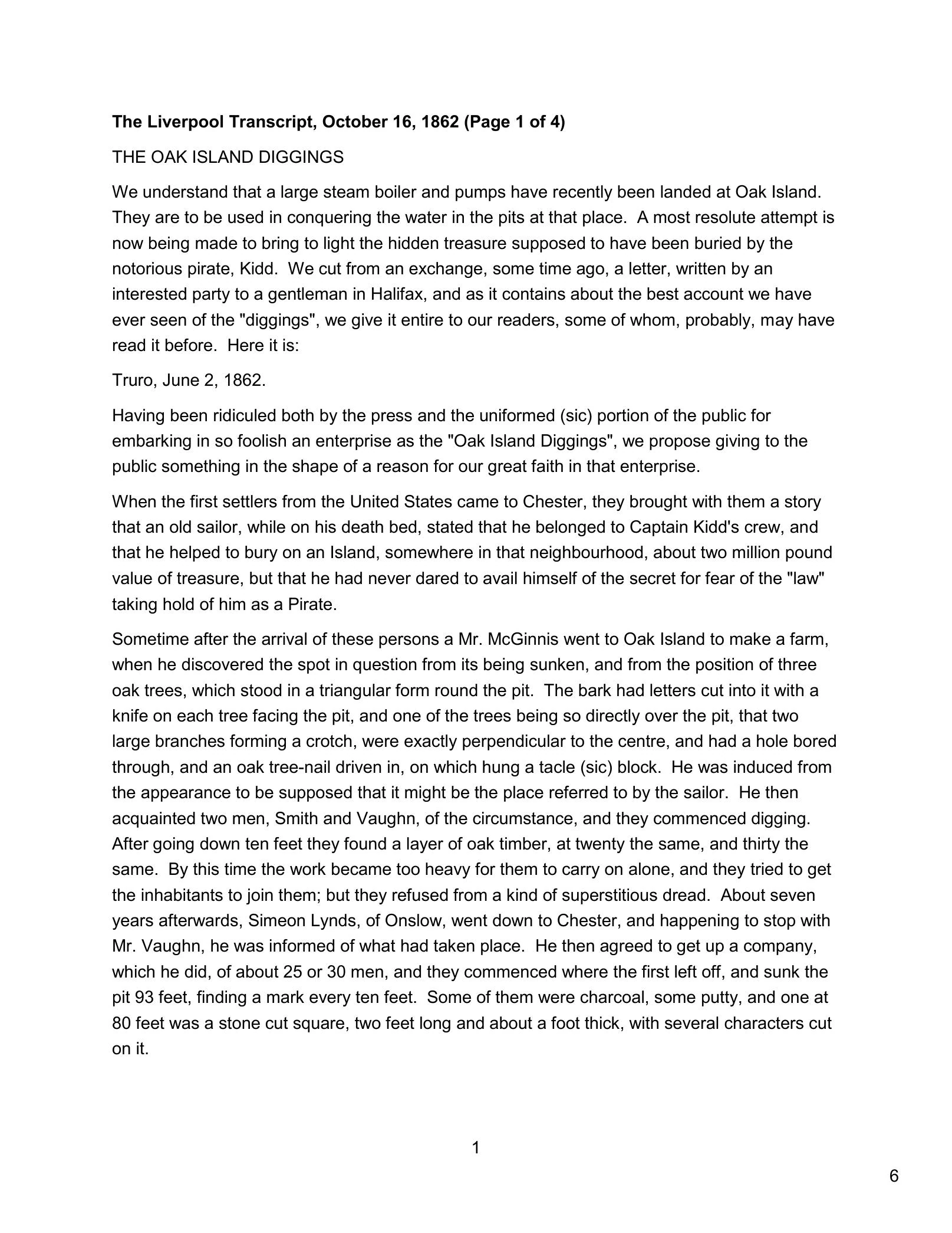 1862年10月16日付Liverpool Transcriptに掲載されたOak Island Diggingsの転写資料