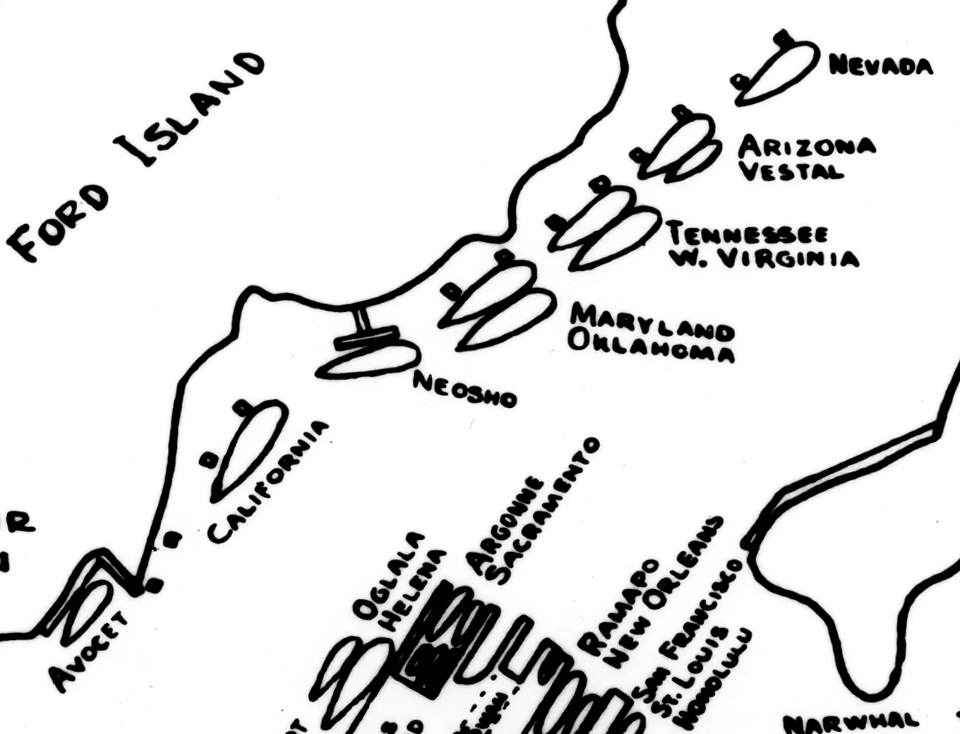 1941年12月7日の真珠湾停泊艦配置図