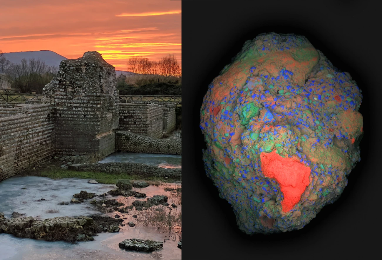 プリウェルヌム遺跡と古代コンクリート片の元素マッピングを並べた研究画像