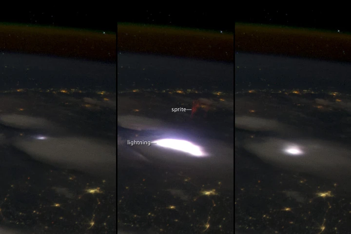 宇宙から記録された雷雲上空のスプライト発光