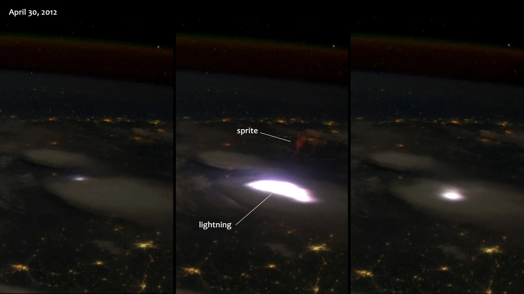国際宇宙ステーションから連続撮影された東南アジア上空の赤いスプライト