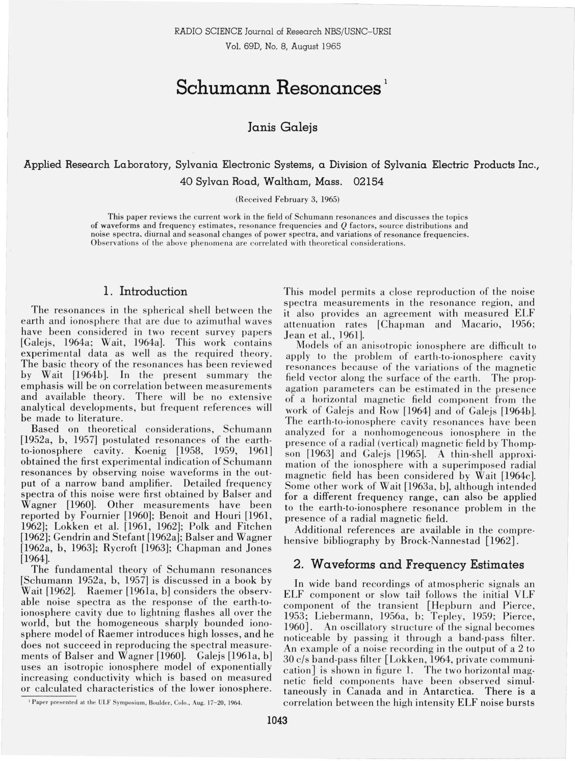 1965年刊行のシューマン共振研究レビューの誌面