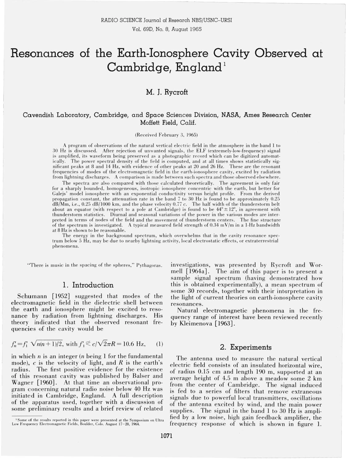 ケンブリッジで観測された地球電離層共振を報告する1965年論文誌面