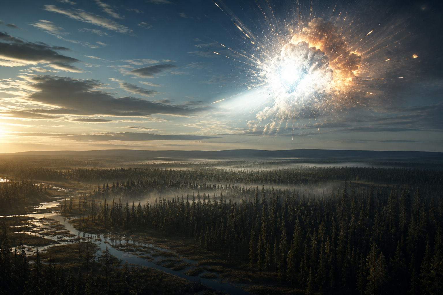 シベリアのタイガ上空で白く爆発する火球の生成再構成画像