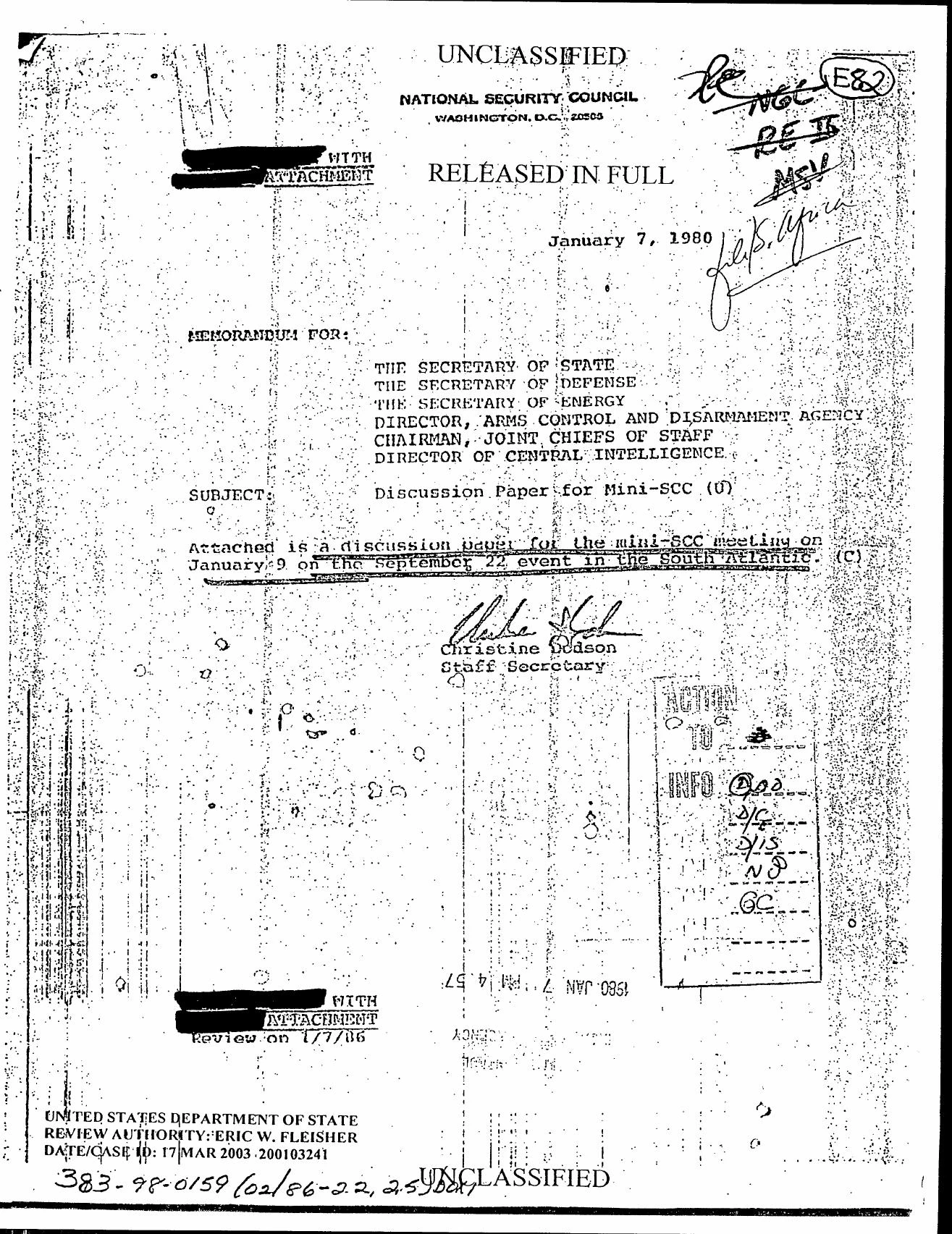 1980年1月7日の南大西洋事象に関する米国家安全保障会議小委員会討議文書の先頭頁