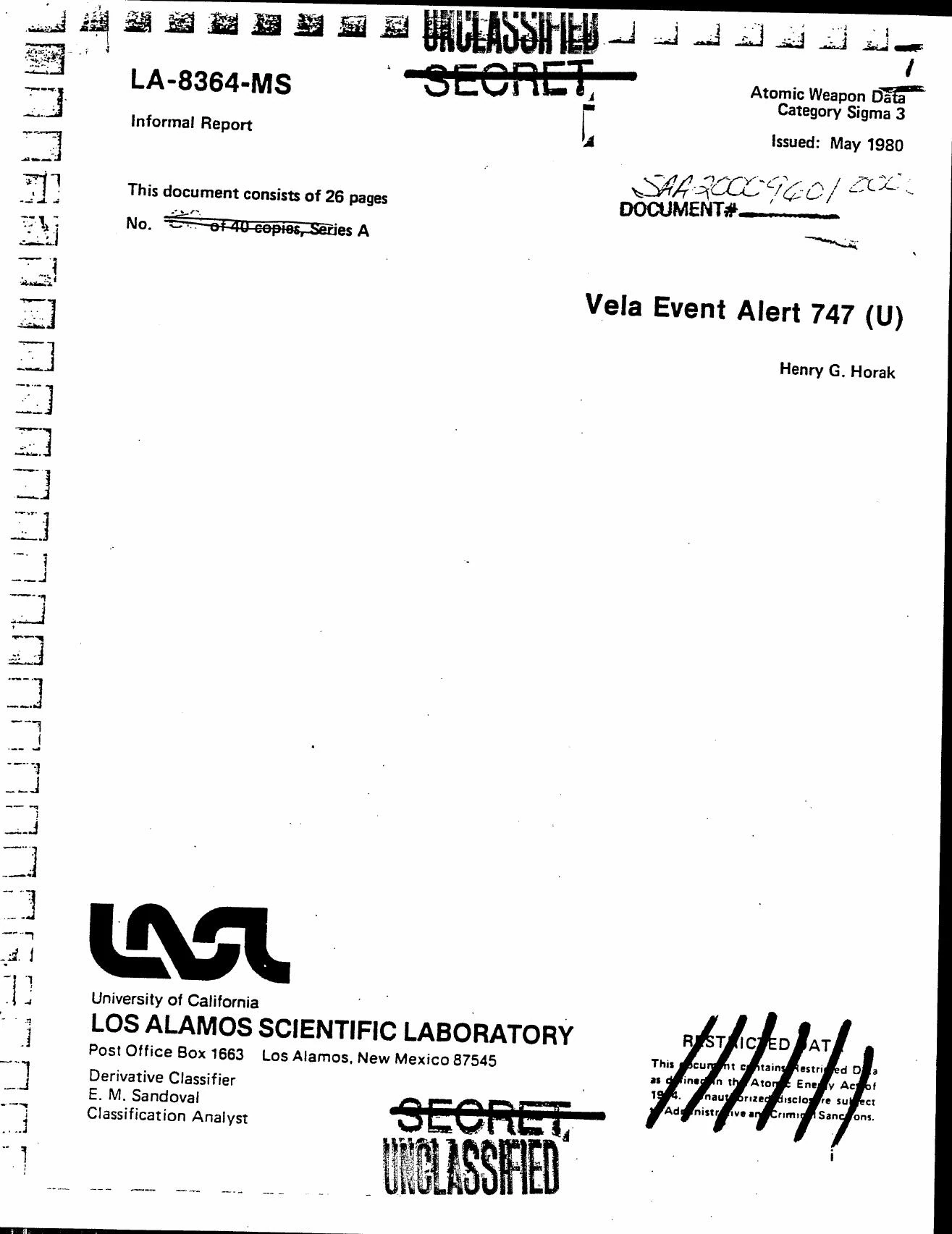 1980年5月のロスアラモス報告「Vela Event Alert 747」の表紙