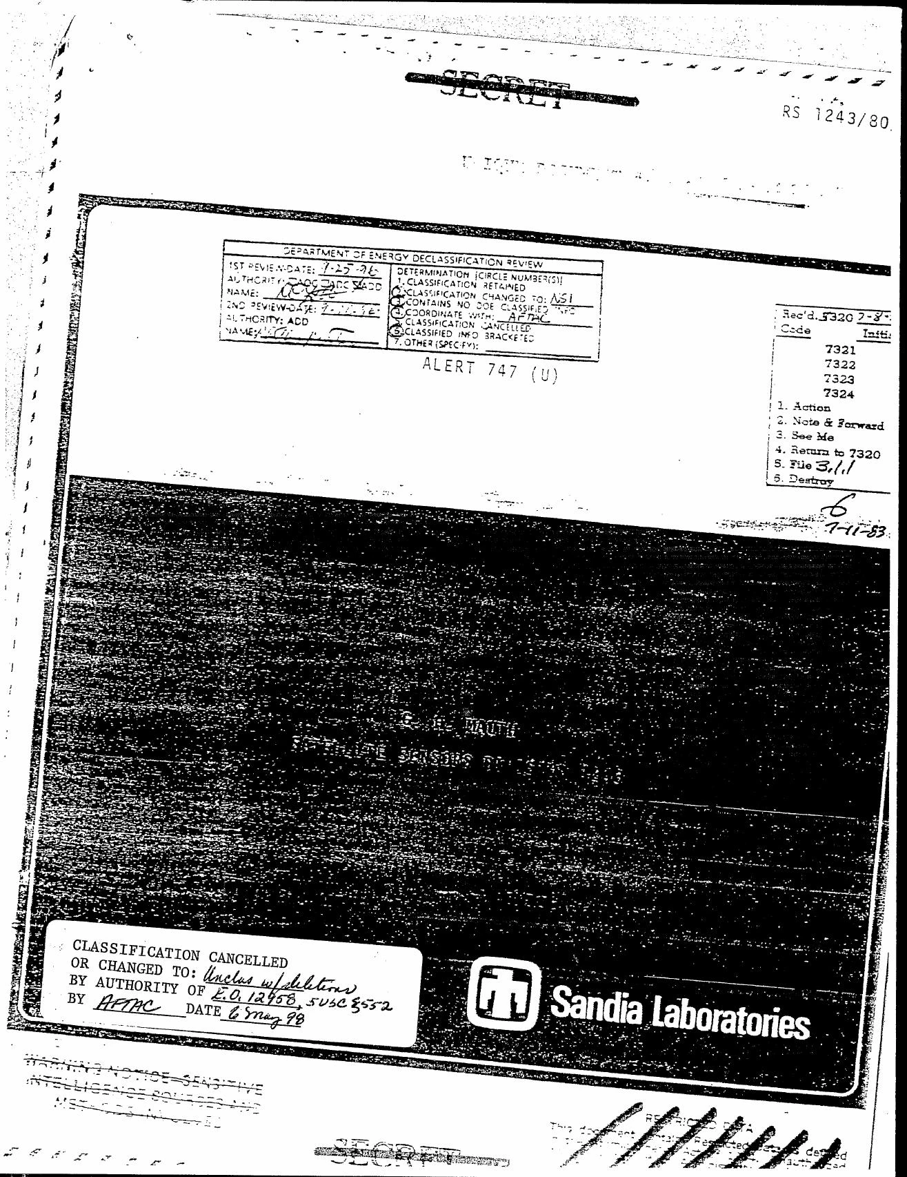 1980年5月1日のサンディア国立研究所報告「Alert 747」の機密解除表紙