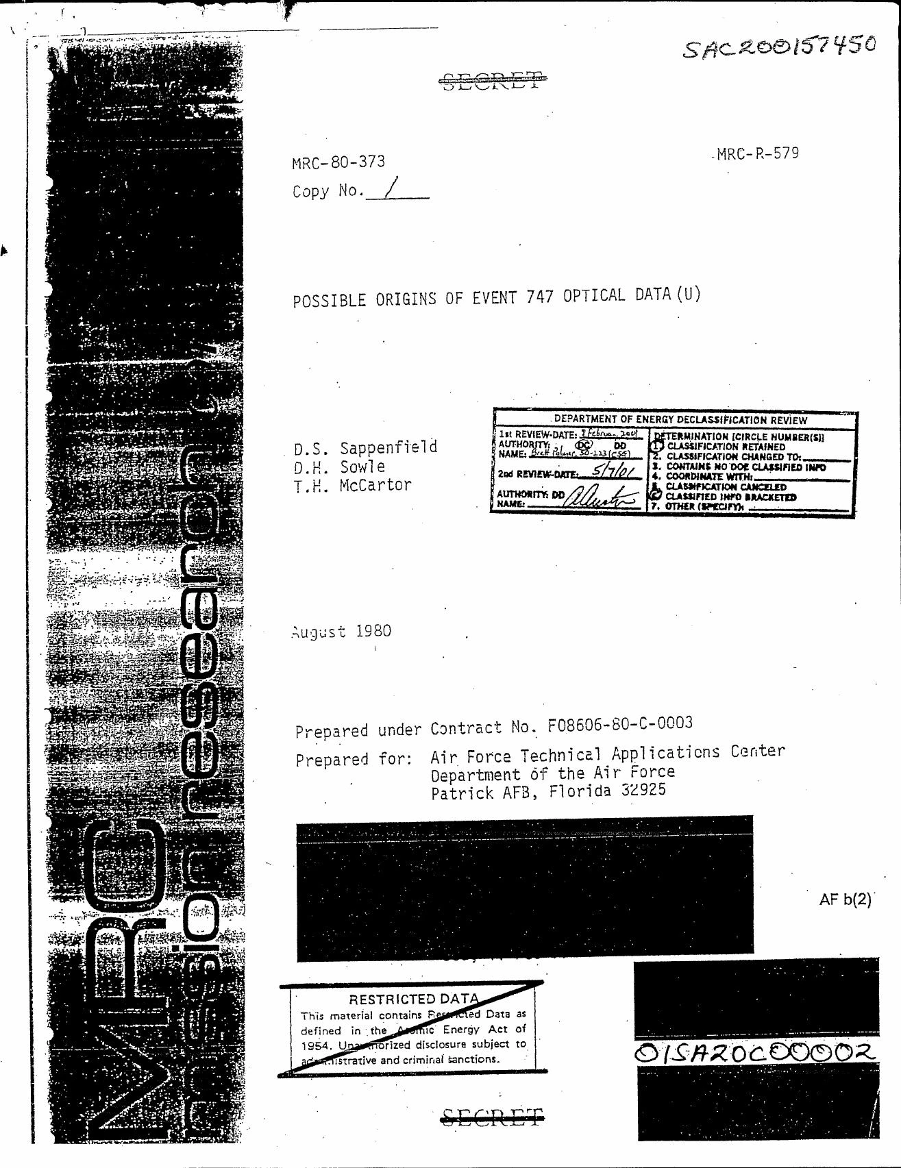 1980年8月のEvent 747光学データの起源を検討したMission Research Corporation報告の表紙