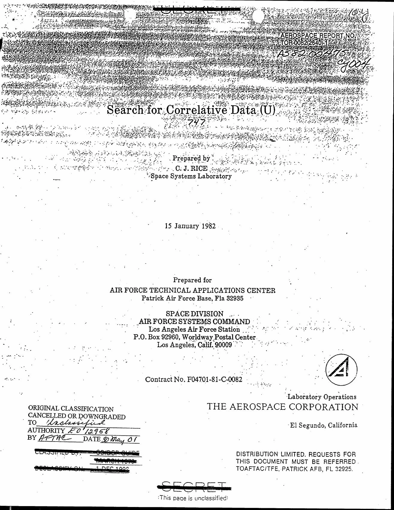 1982年1月のDSP衛星相関データ探索報告の表紙