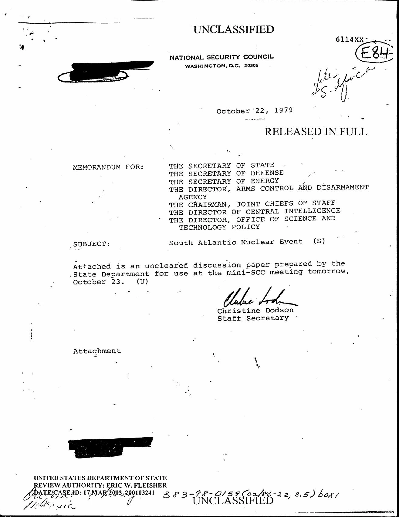 1979年10月22日付の南大西洋核事象に関する米国家安全保障会議文書の先頭頁