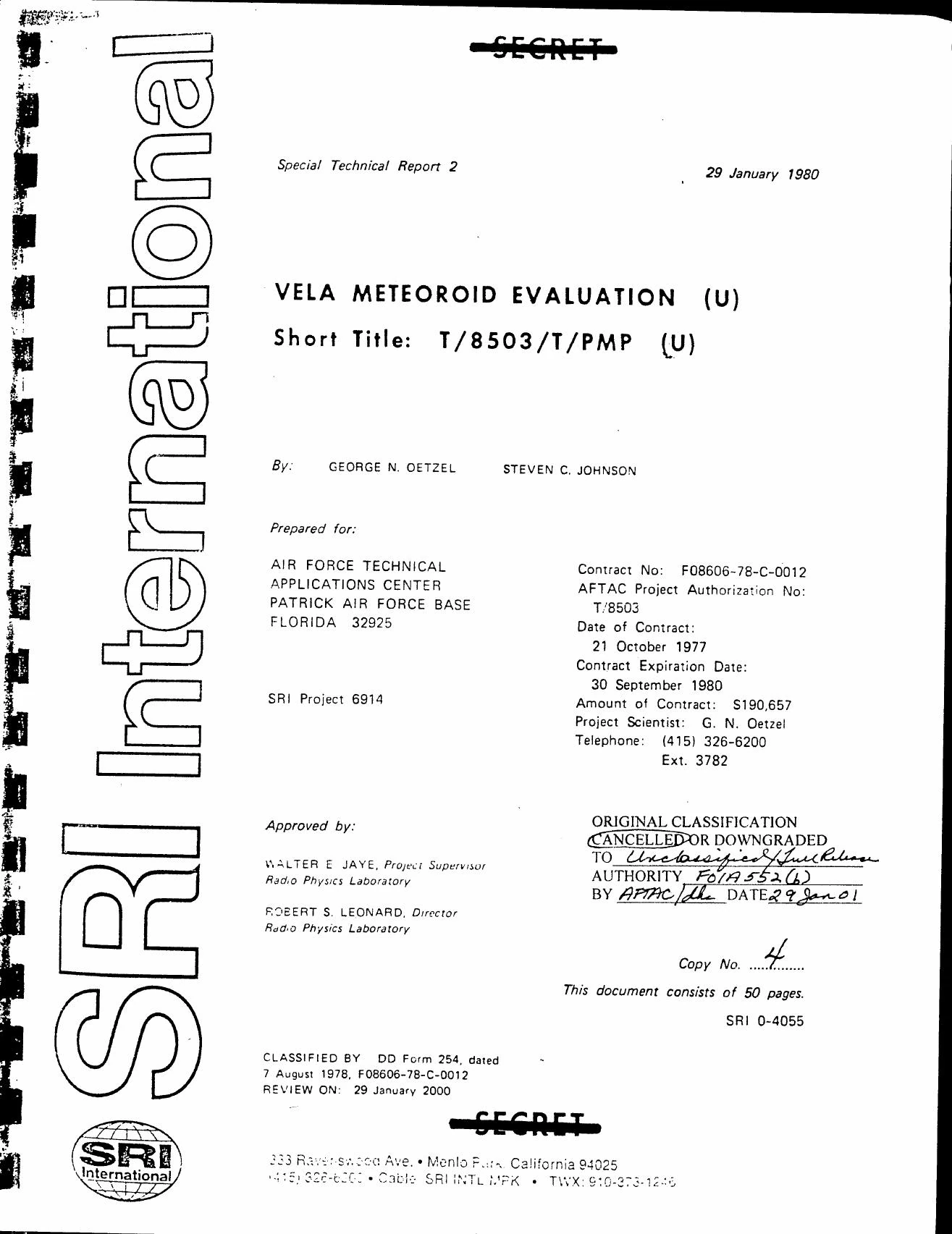 ヴェラ衛星の微小隕石説を急遽検討した1980年SRI報告の表紙