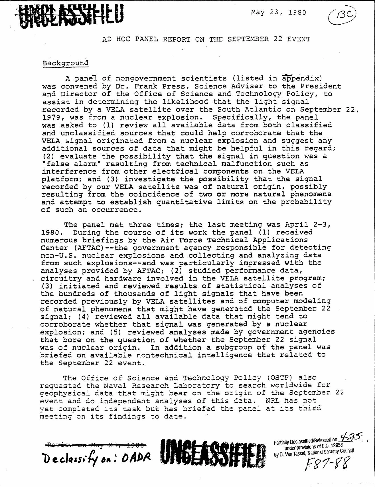 1980年5月のルイーナ特別委員会報告の機密解除された先頭頁