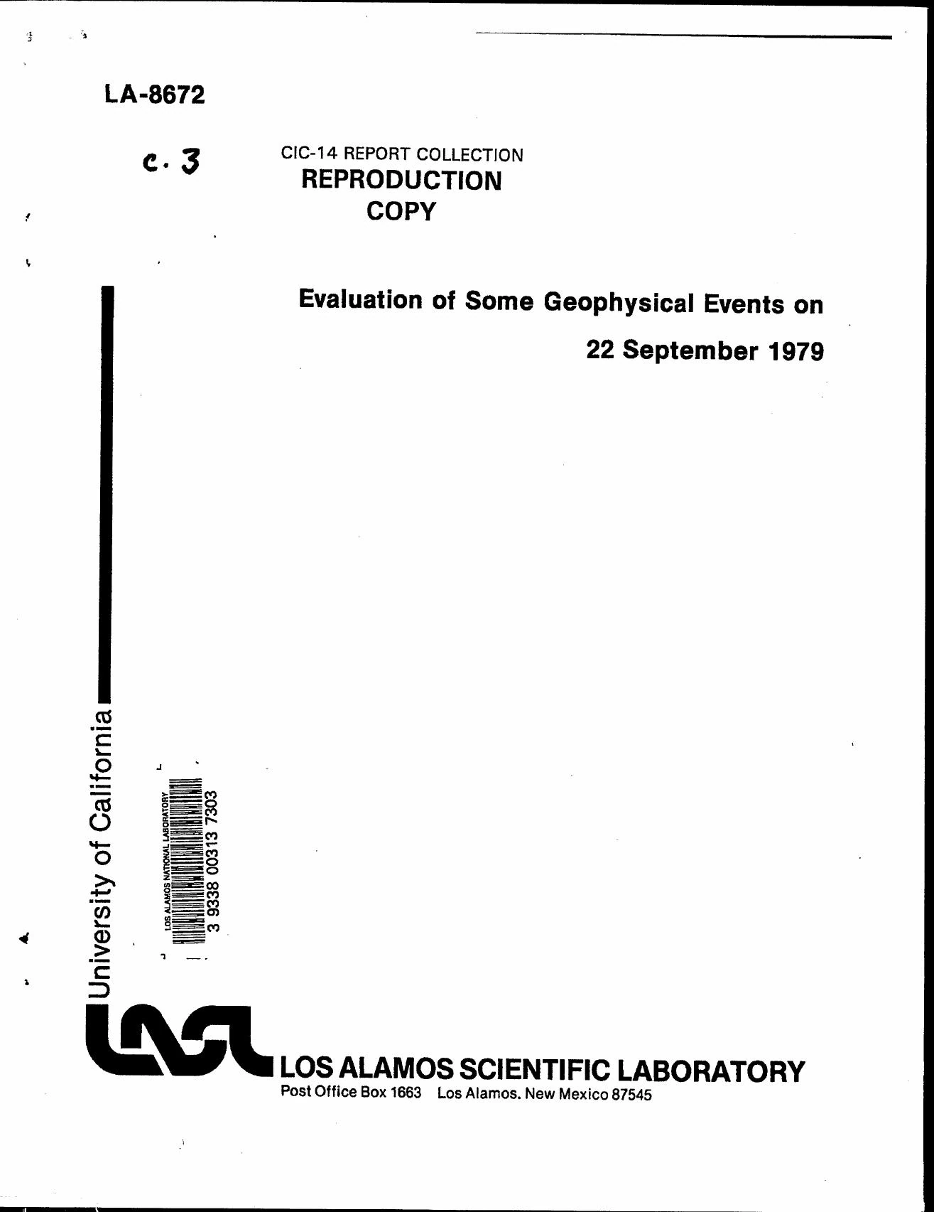 1979年9月22日の地球物理現象を検討したロスアラモスLA-8672報告の表紙