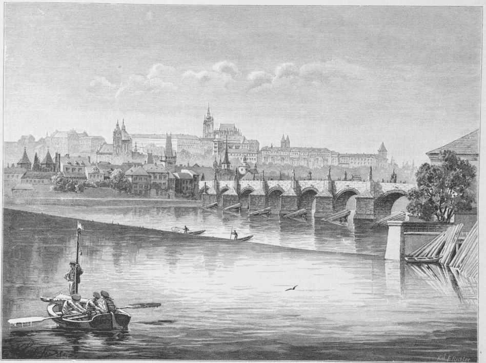 1890年洪水以前のカレル橋とヴルタヴァ川を描いた歴史画