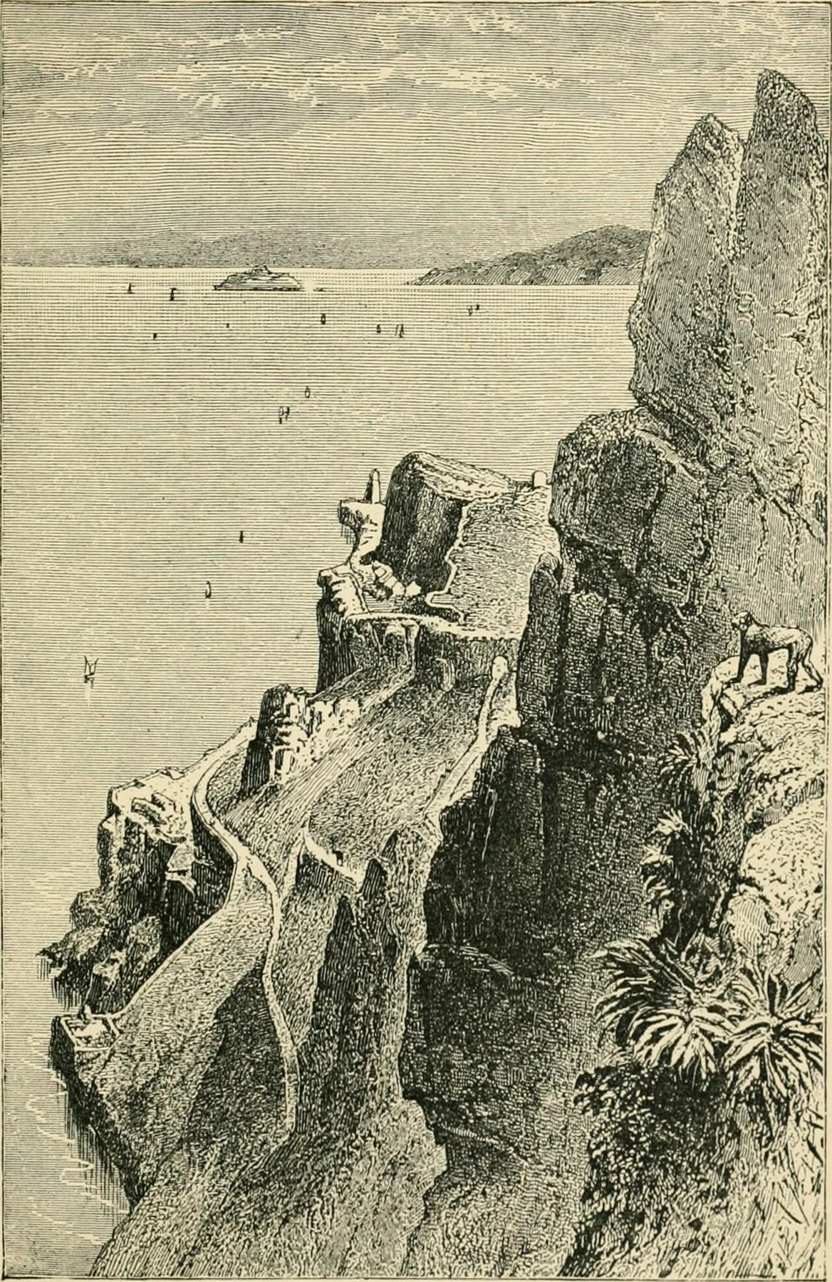 1879年に描かれたジブラルタルの岩山と港