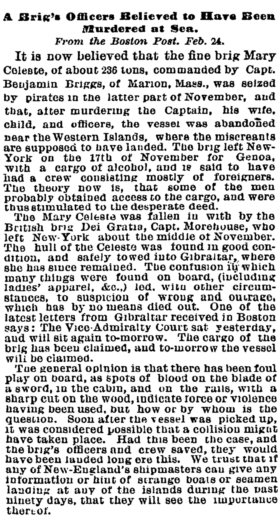 1873年2月にメアリー・セレスト号の反乱や殺人説を報じた英字新聞紙面