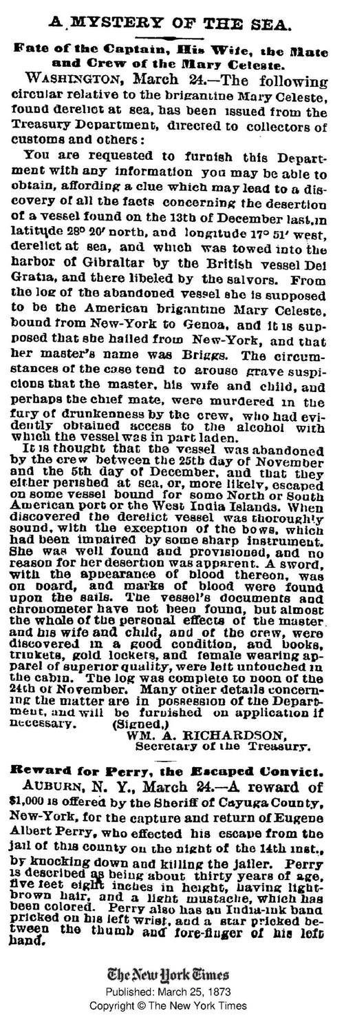 1873年3月25日のメアリー・セレスト号に関する英字新聞記事