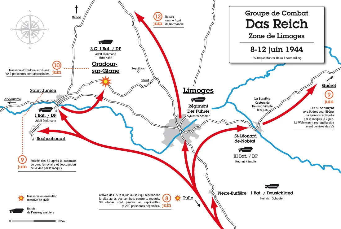 1944年6月8日から12日のDas Reich師団のリモージュ周辺行動地図