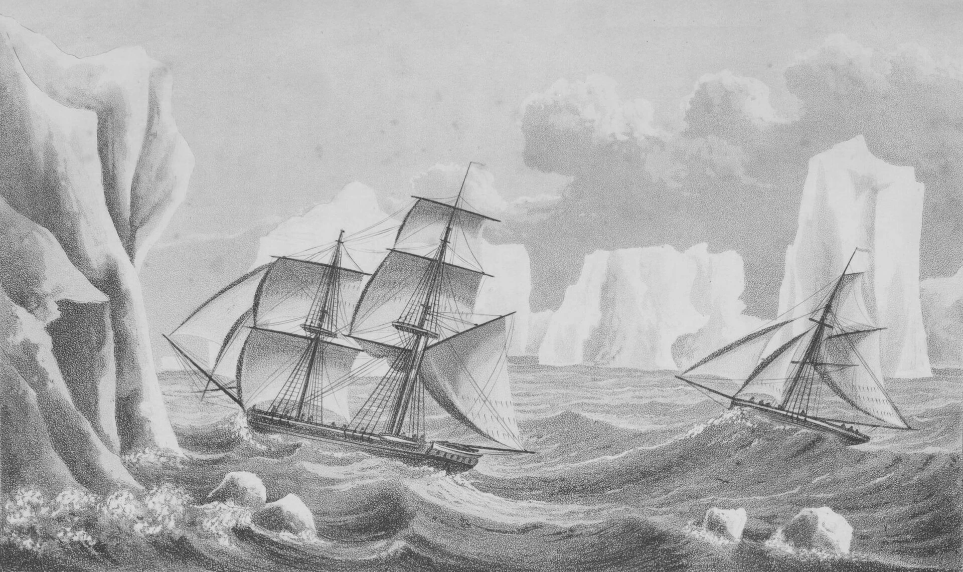 1823年に南緯74度15分へ達したジェーン号とボーフォイ号の図
