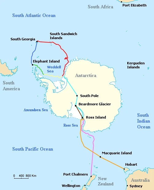 エンデュアランス号の流氷上の漂流と救命艇航海を示す地図